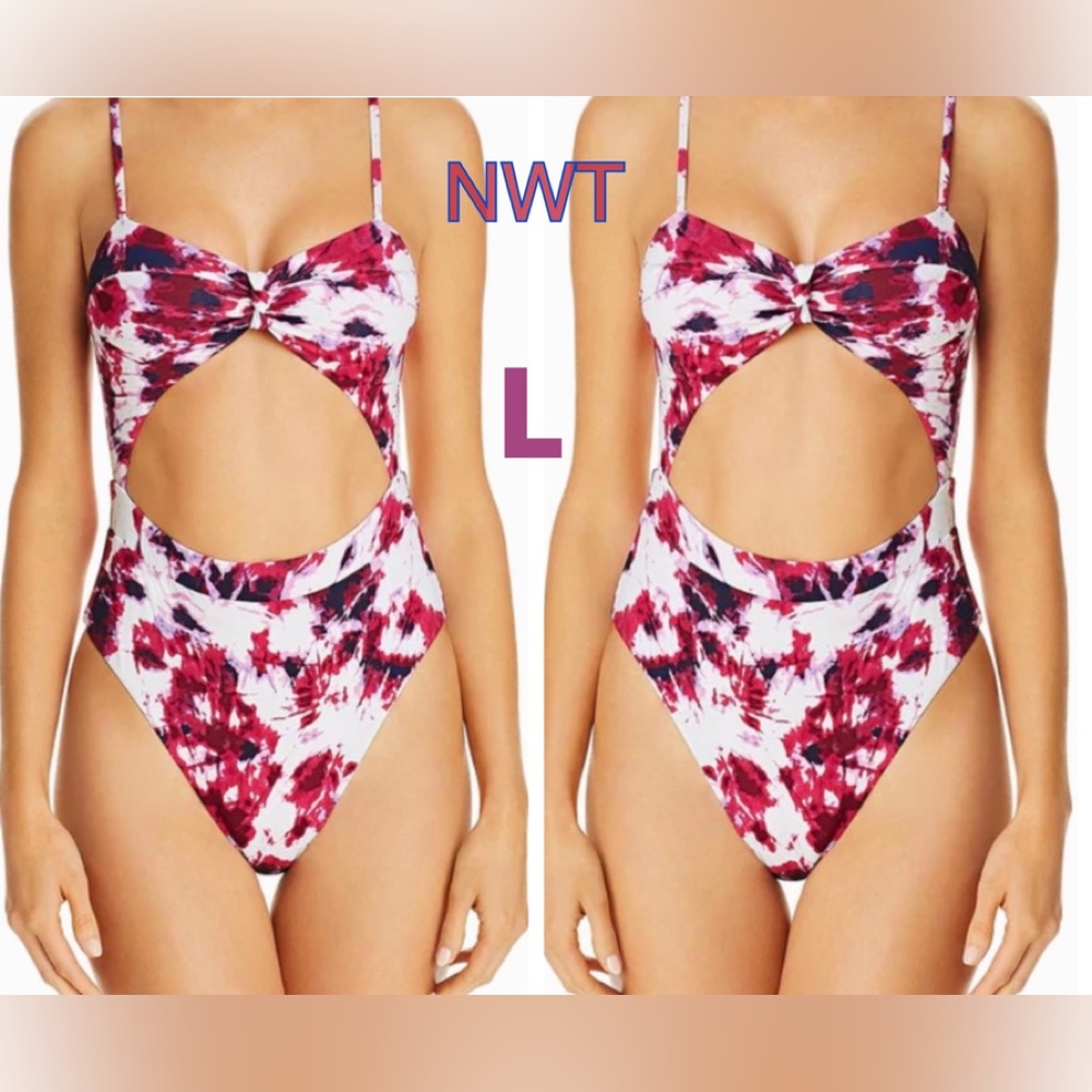 NWT magenta cut out swimsuit navy White monokini AQUA L padded high leg knot